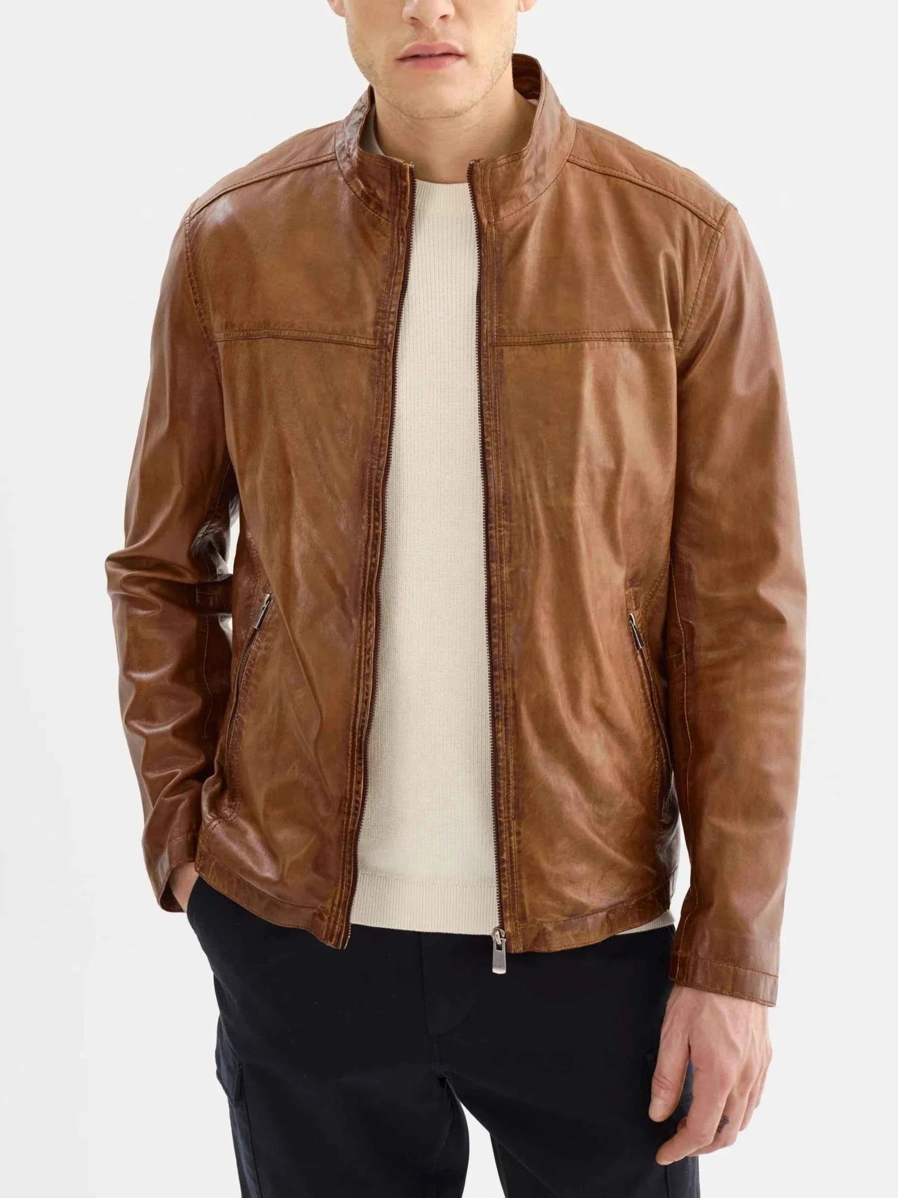 Men's Coats with Flannel LiningLucio Lambskin Leather Jacket- Cognac