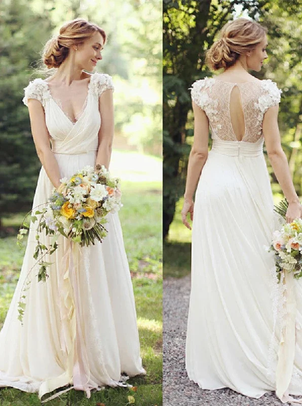 Organza DressA-Line V-Neck Ivory Chiffon Beach Wedding Dress with Appliques OW636