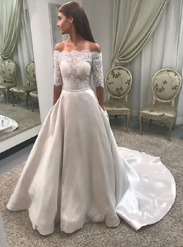 Ribbon DressA-Line Off-Shoulder Half Sleeves Satin Wedding Dress With Pockets