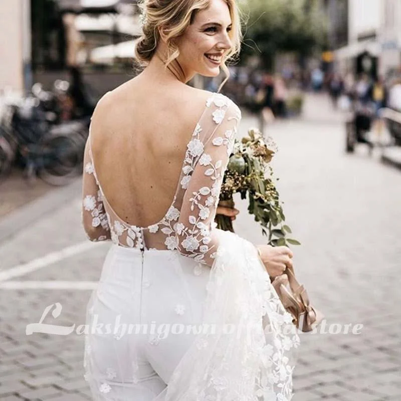 women's lightweight dressesLace Floral Wedding Jumpsuit With Train Jewel Neck Long Sleeve women's lightweight dressesLace Floral Wedding Jumpsuit With Train Jewel Neck Long Sleeve