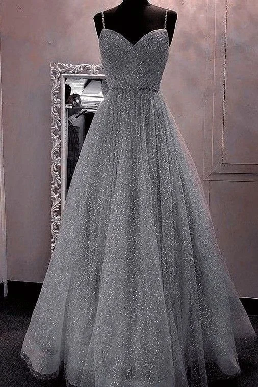 Zip-Up DressGray tulle long ball gown dress A line evening dress   cg24942