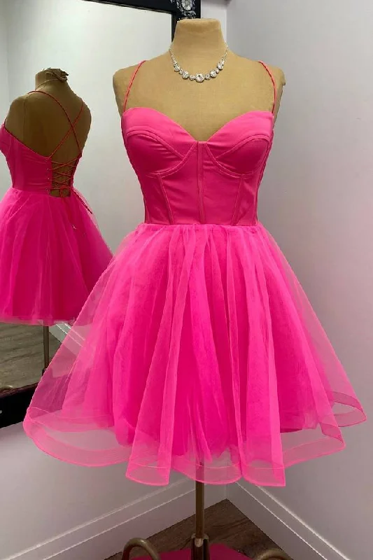 women's beach dressesStraps Hot Pink Lace-Up A-Line Homecoming Dress