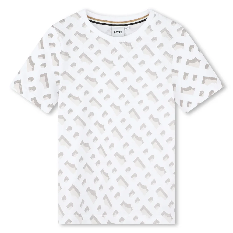 Men's Sweaters with Pleated DesignsWhite Monogram Pattern T-Shirt