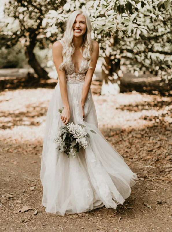 women's cotton dressesA Line V neck See Through Tulle Wedding Gowns Boho Bridal Gown OW647 women's cotton dressesA Line V neck See Through Tulle Wedding Gowns Boho Bridal Gown OW647