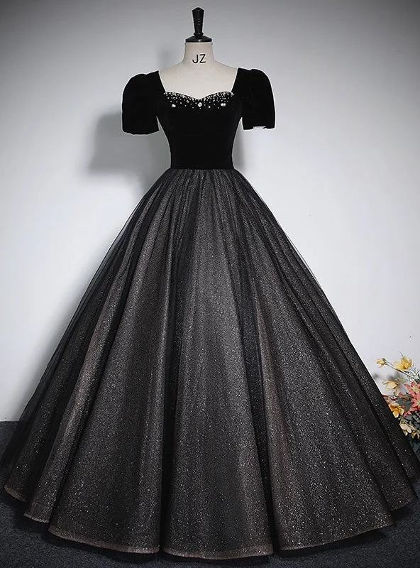 women's bell-sleeved dressesBlack Tulle Sequins Square Neck Short Sleeve Beading Quinceanera Dress women's bell-sleeved dressesBlack Tulle Sequins Square Neck Short Sleeve Beading Quinceanera Dress
