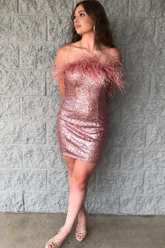 Cocktail DressBlush Sparkly Tight Sequins Homecoming Dress with Feathers