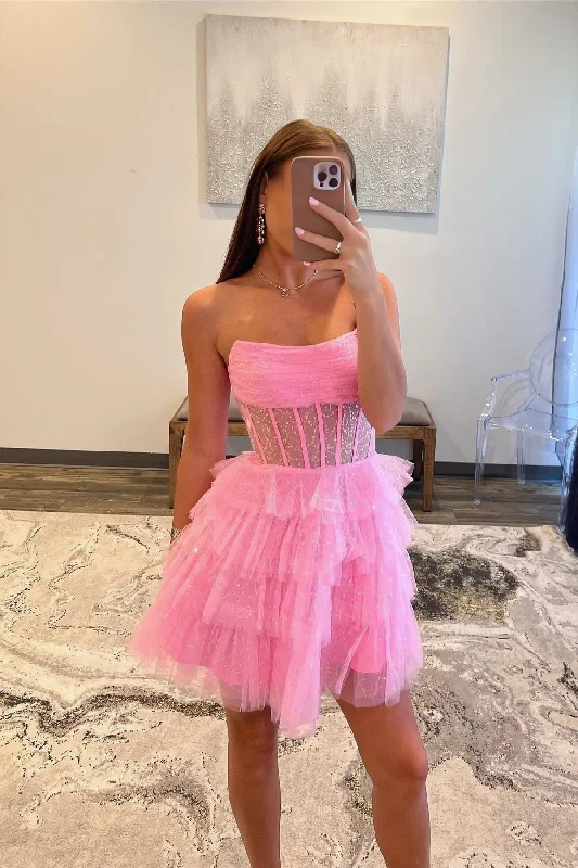 women's smart casual dressesPink Sparkly Strapless Multi-Layers Tulle Homecoming Dress women's smart casual dressesPink Sparkly Strapless Multi-Layers Tulle Homecoming Dress