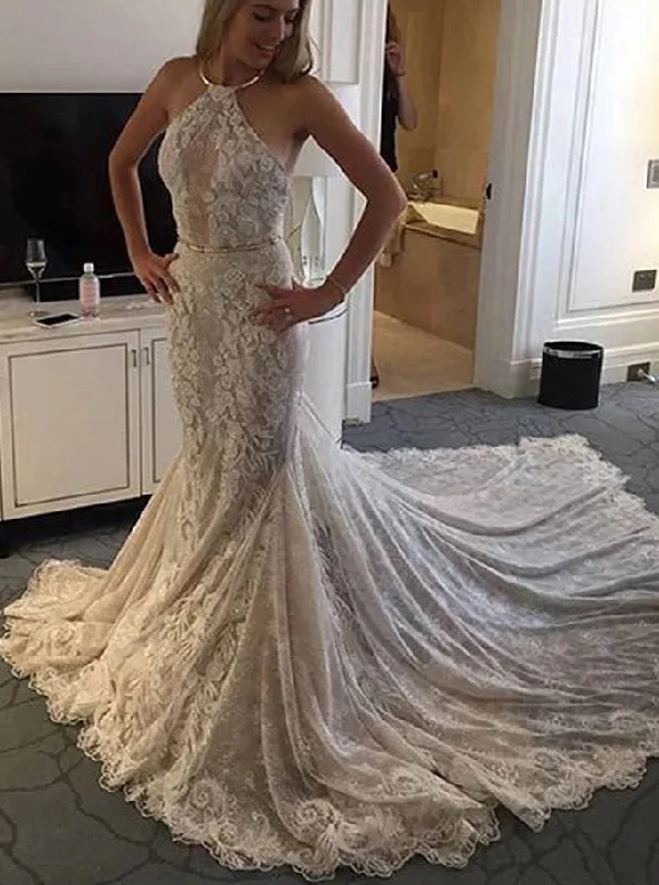 Empire DressHalter Mermaid Lace Sleeveless Wedding Dress with Appliques OW641
