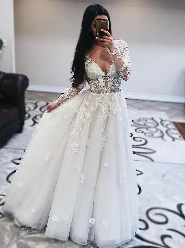 women's evening dressesPrincess V-Neck Long Sleeves V-Back Tulle Wedding Dresses With Lace Appliques women's evening dressesPrincess V-Neck Long Sleeves V-Back Tulle Wedding Dresses With Lace Appliques