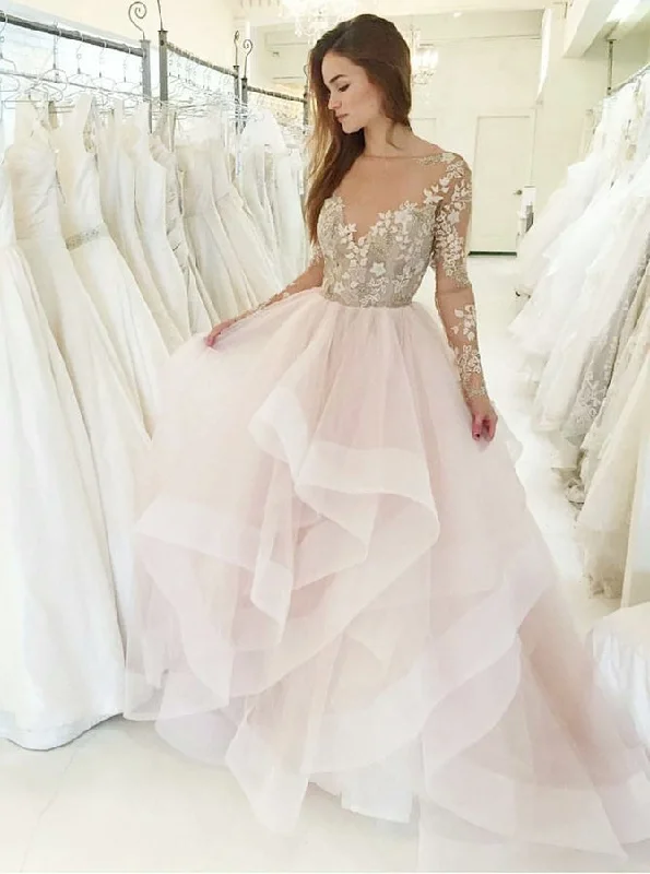 Maternity DressPrincess Pink Bateau Long Sleeves Wedding Dress With Appliques OW598