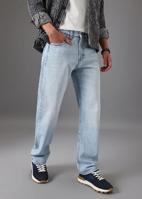 Men's Jeans with a Distressed LookMist Blue Straight Fit Denim