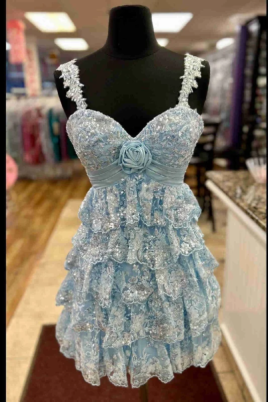 women's vacation dressesLight Blue Rosette Sequin Baby Doll Short Party Dress