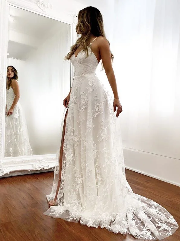 women's chiffon dressesLace Beach Wedding Dresses V-neck Backless Bridal Gown With Split OW510 women's chiffon dressesLace Beach Wedding Dresses V-neck Backless Bridal Gown With Split OW510