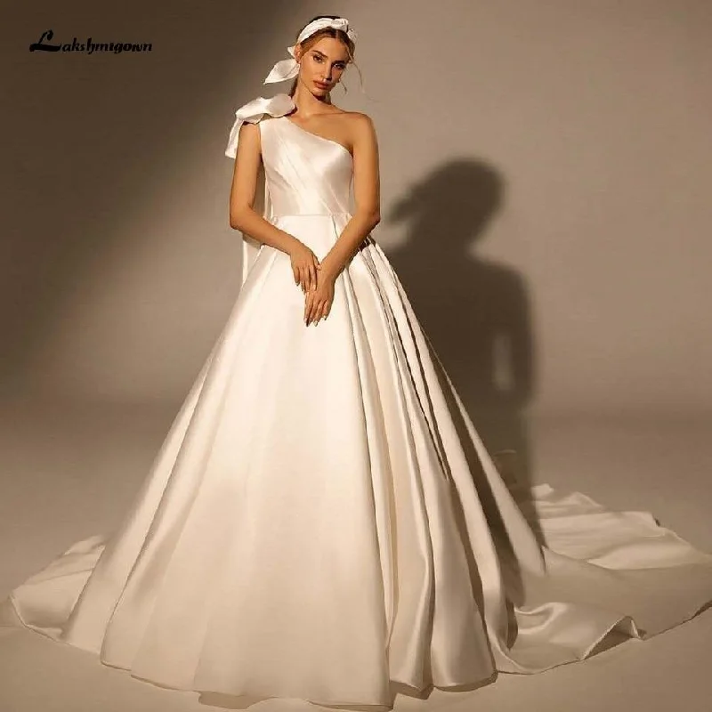 women's ethical fashion dressesOne Shoulder Satin Wedding Gowns Long Train