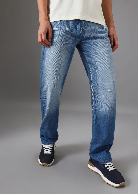 Modern Ripped and Distressed Men's JeansRibbed Blue Straight Fit Denim