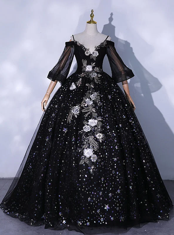 women's ball gown dressesBlack Sequins Straps Short Sleeve Quinceanera Dress