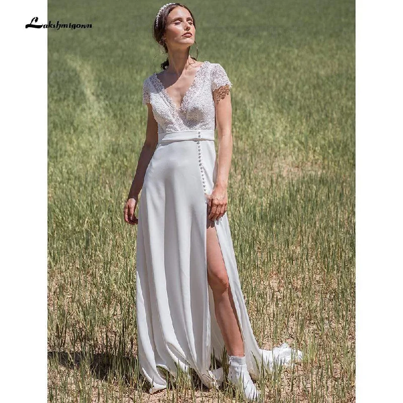 women's machine-washable dressesRoycebridal High Split Deep V Neck Lace Bocide Short Sleeve Buttons Wedding Dresses women's machine-washable dressesRoycebridal High Split Deep V Neck Lace Bocide Short Sleeve Buttons Wedding Dresses