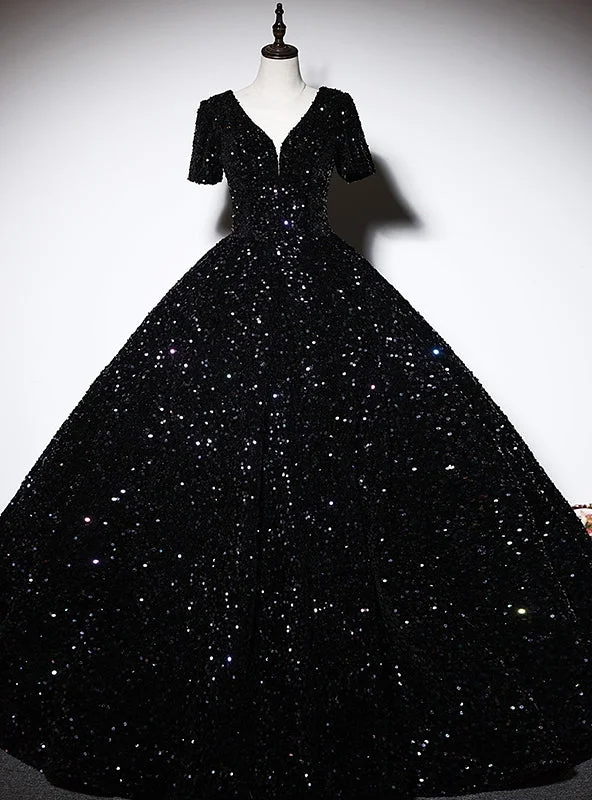 women's empire waist dressesBlack Sequins V-neck Short Sleeve Quinceanera Dress