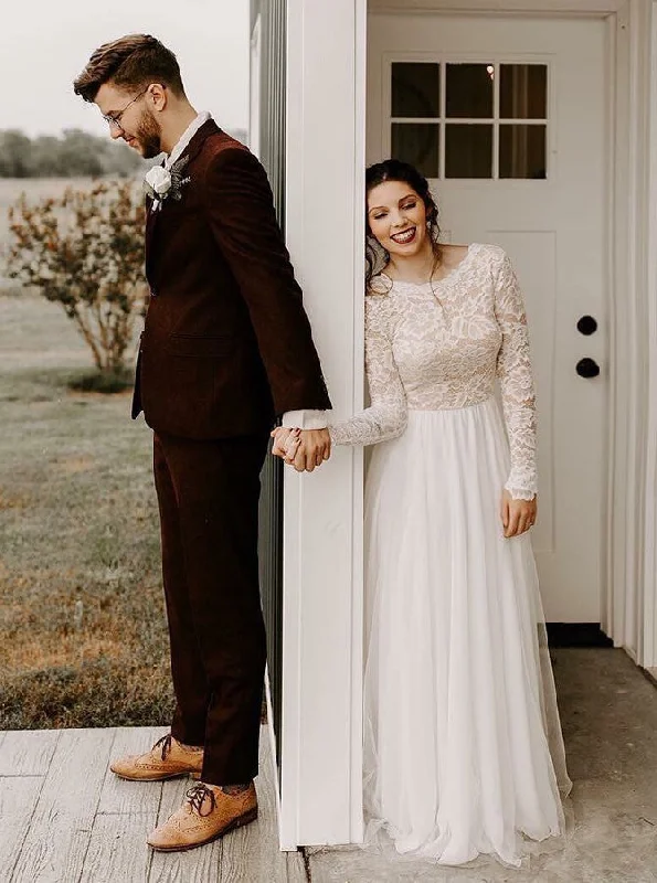 women's solid color dressesElegant A-Line Lace With Long Sleeves Wedding Dresses