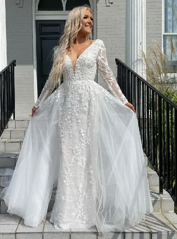 women's lace-up dressesMermaid Sexy V Neck Backless Tulle Wedding Dress