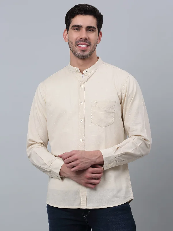 Men's Checkered Shirts for a Retro FeelMen's Beige Casual Plain Full Sleeve Shirt