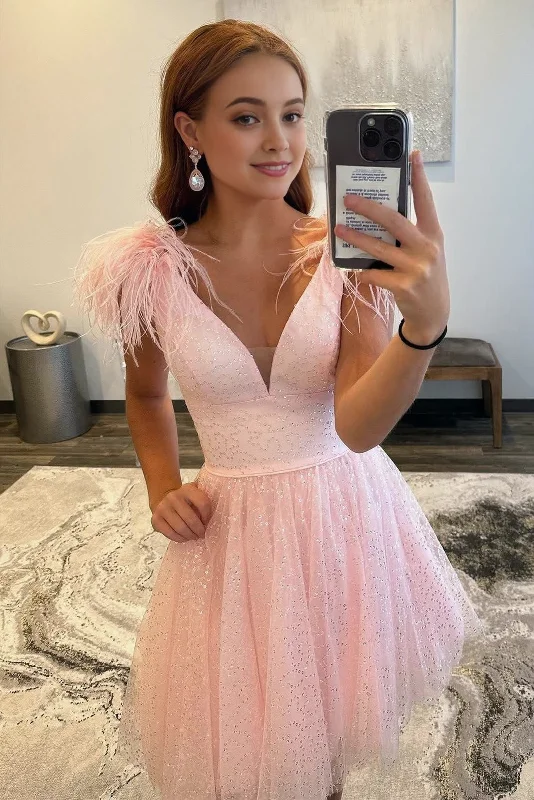 Denim DressA-line Deep V Neck Tulle Homecoming Dress with Feathers