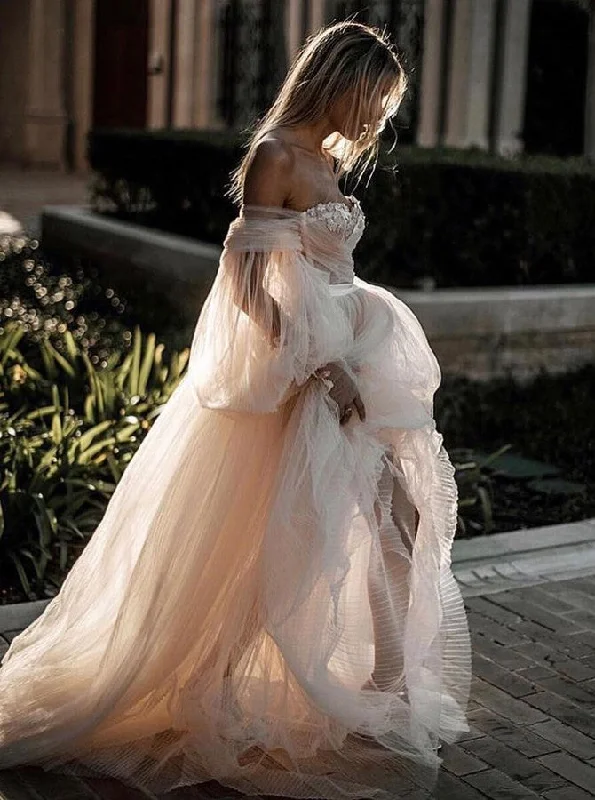 Designer DressTulle Off-Shoulder Princess Long Puff Sleeves Wedding Dress With Appliques Designer DressTulle Off-Shoulder Princess Long Puff Sleeves Wedding Dress With Appliques