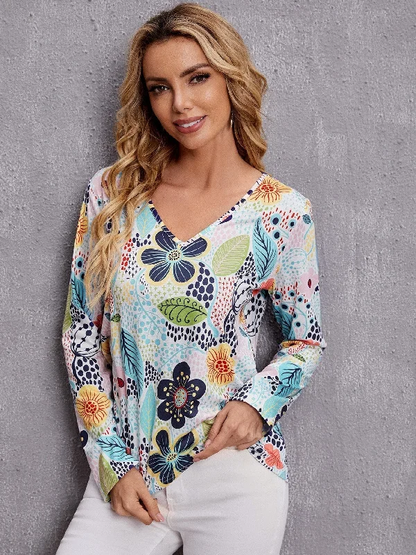 Men's Sweaters with Ribbed CuffsKittenAlarm - Floral Print V Neck Tee