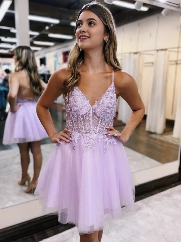High-Neck DressA-Line Backless Tulle Appliqued Homecoming Dress
