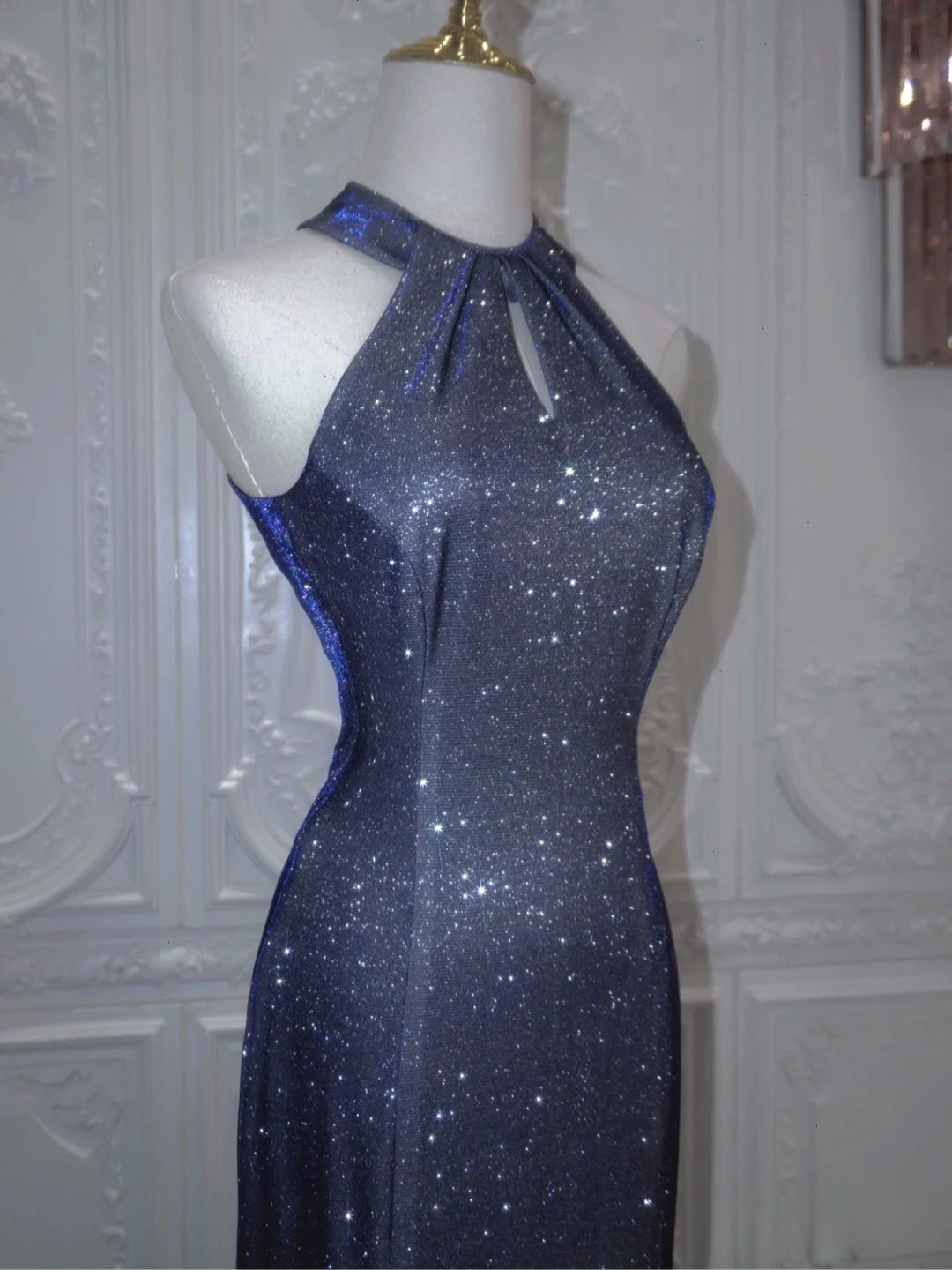 Metallic DressLuxurious Navy Blue Long Evening Gown Mermaid Halter Neck Backless Party Dress cg25265 Metallic DressLuxurious Navy Blue Long Evening Gown Mermaid Halter Neck Backless Party Dress cg25265