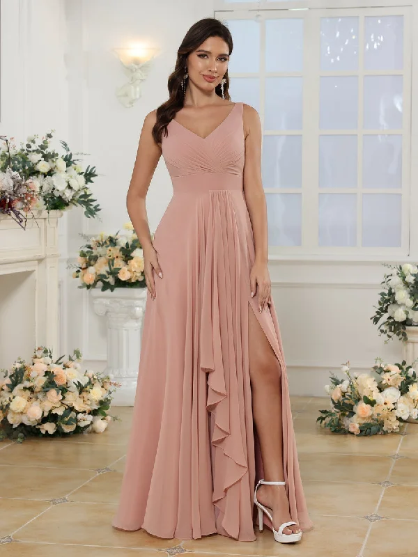 Tiered DressA-Line/Princess V-Neck Long Wedding Party Dresses with Split Side