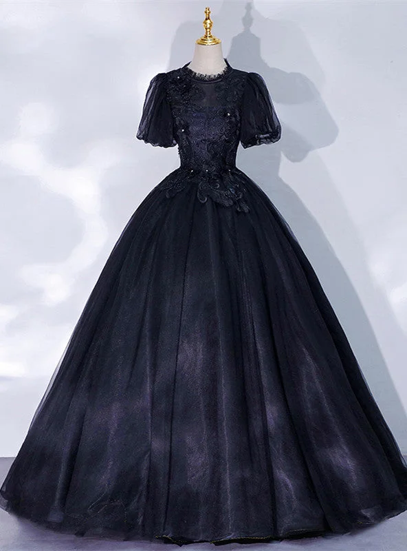 women's pastel dressesBlack Tulle Puff Sleeve Backless Appliques Quinceanera Dress