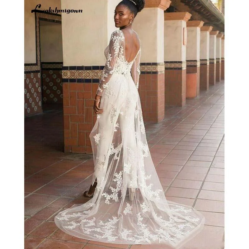 women's easy-to-wear dressesLace Appliques Wedding Jumpsuit with Wrap Train