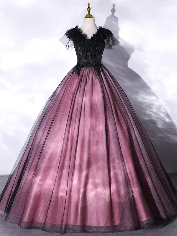 women's silk dressesBlack Tulle Lace V-neck Beading Quinceanera Dress
