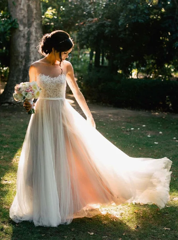 women's breathable dressesSimple Long Sheer Neckline Wedding Dresses With Lace Applique women's breathable dressesSimple Long Sheer Neckline Wedding Dresses With Lace Applique
