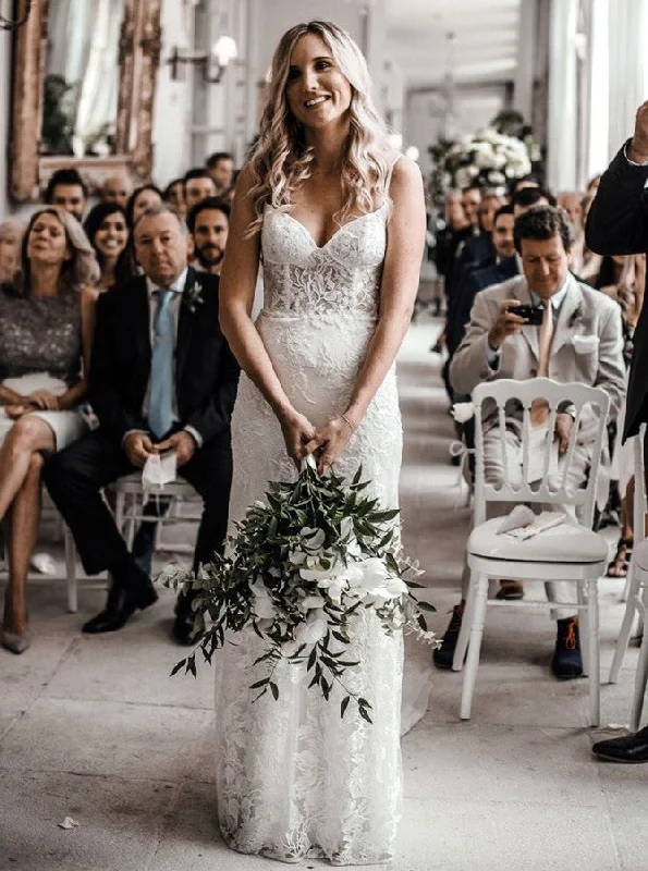 Velvet DressSpaghetti Straps Sheath Lace Wedding Dress Boho Lace Bridal Gown OW608