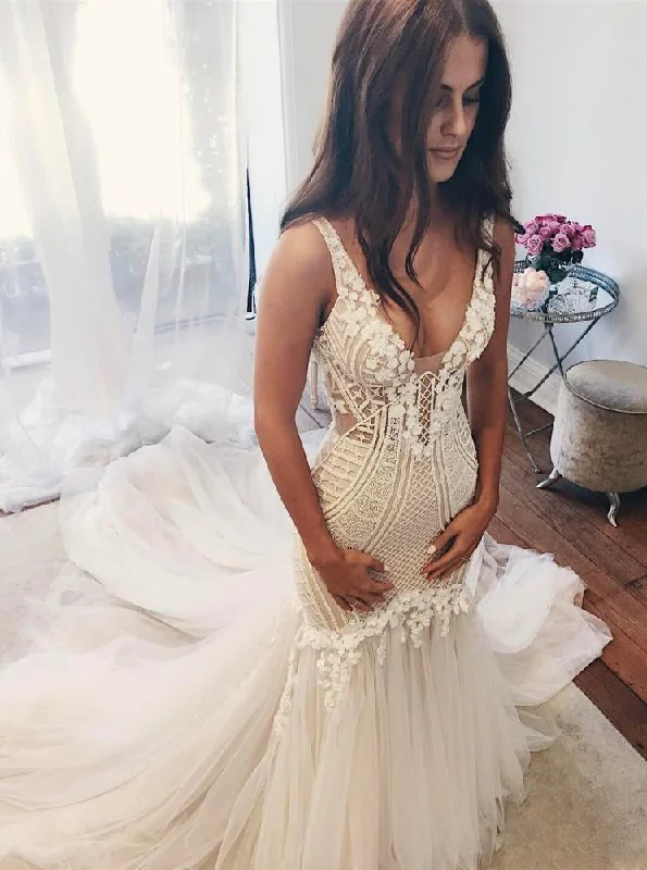 women's off-the-shoulder dressesGorgeous Ivory Tulle Mermaid V-Neck Lace Backless Wedding Dresses W363 women's off-the-shoulder dressesGorgeous Ivory Tulle Mermaid V-Neck Lace Backless Wedding Dresses W363