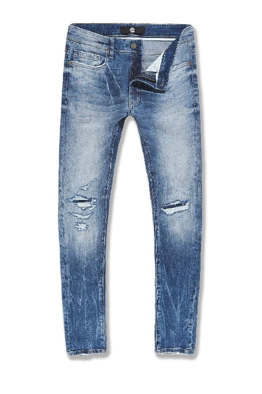 Leather Patch Embellished Men's JeansBig Men's Sean Attitude Denim (Medium Blue)