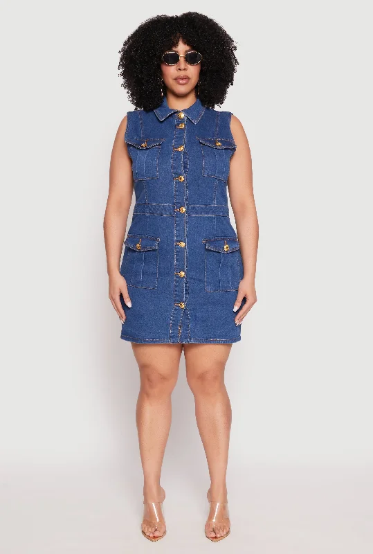 Cool Distressed Men's JeansPlus Size Daisy Sleeveless Denim Utility Mini Dress
