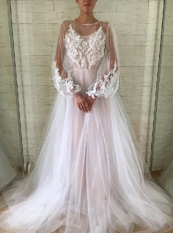 Knit DressGorgeous Long A-line Bateau Puff Sleeves Tulle Wedding Dress With Appliques Knit DressGorgeous Long A-line Bateau Puff Sleeves Tulle Wedding Dress With Appliques