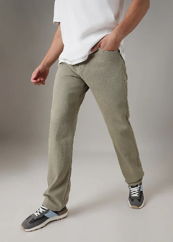 Baggy Men's JeansKhaki Green Straight Fit Denim