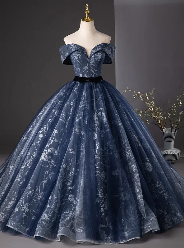 Velvet DressBall Gown Navy Blue Sequins Off the Shoulder Quinceanera Dress