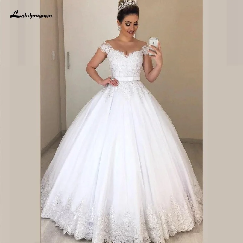women's satin dressesLuxury Princess Bridal Wedding Gowns Sexy Sheer Capped Sleeves