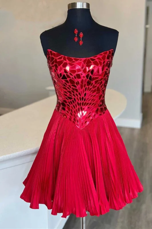 Tiered DressRed Cut Glass Mirror Strapless A-Line Gathered Party Dress
