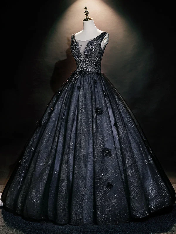 women's lace-up dressesBlack Tulle Sequins V-neck Appliques Quinceanera Dress