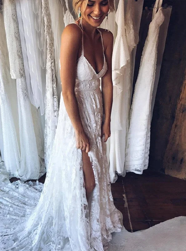 Ruffled Hem DressSpaghetti-straps Cross Back Backless Beach Lace Wedding Dress OW318 Ruffled Hem DressSpaghetti-straps Cross Back Backless Beach Lace Wedding Dress OW318