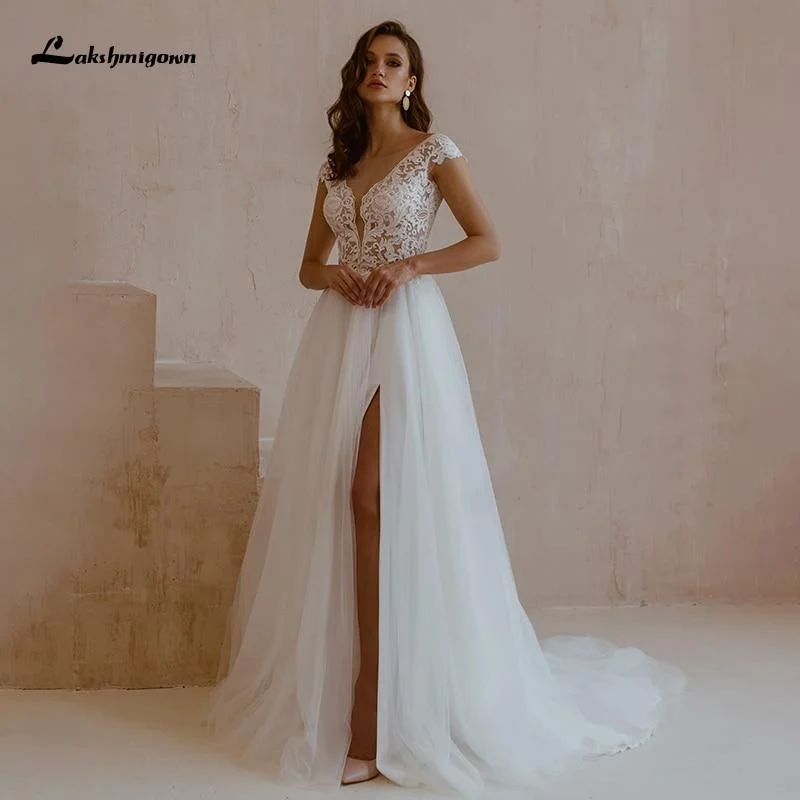 Sheath DressRoycebridal Lakshmigown Sexy Wedding Dresses with High Slit V Neck Lace Sheath DressRoycebridal Lakshmigown Sexy Wedding Dresses with High Slit V Neck Lace
