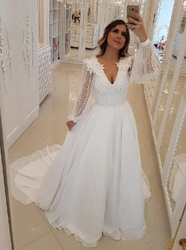 women's ethical fashion dressesWhite V Neck Long Sleeve Beaded Appliques Chiffon Wedding Dresses OW693 women's ethical fashion dressesWhite V Neck Long Sleeve Beaded Appliques Chiffon Wedding Dresses OW693