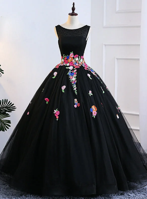 Asymmetric DressBlack Ball Gown Tulle Bateau Backless Appliques Sweet 16 Dresses