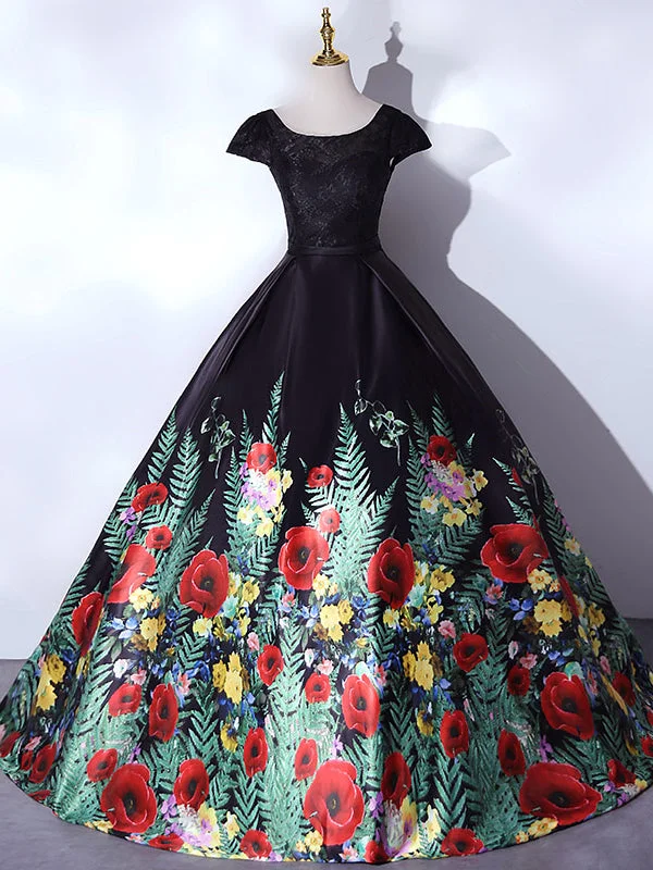 women's cocktail dressesBlack Satin Lace Top Print Cap Sleeve Quinceanera Dress